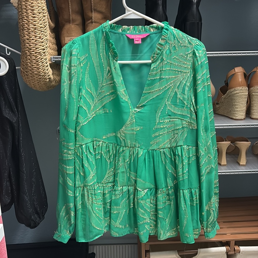 Lilly Pulitzer Silk Gold Thread Tiered Long Sleeve Blouse